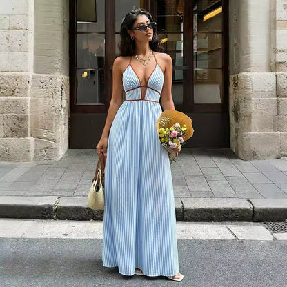 Ludovica - Abito Lungo Elegante a Righe con Scollo Profondo e Spalline Sottili