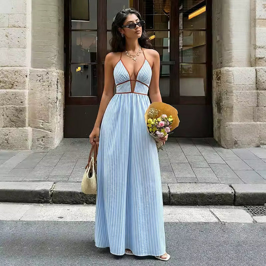 Ludovica - Abito Lungo Elegante a Righe con Scollo Profondo e Spalline Sottili