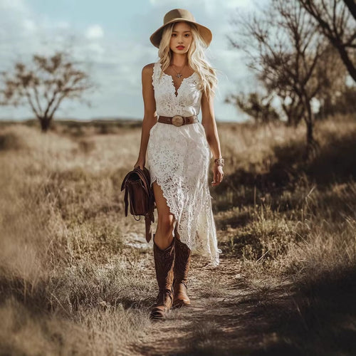Melissa - Abito Boho Elegante in Pizzo con Scollo a V e Orlo Asimmetrico