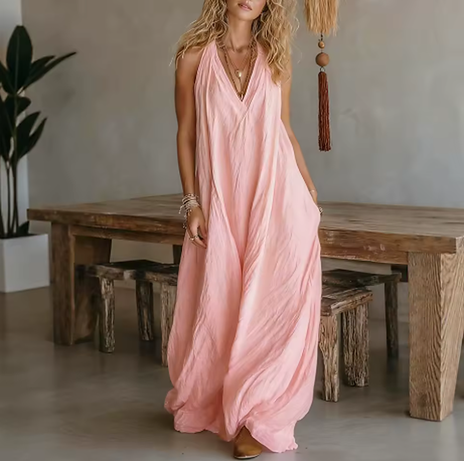 Denissa - Vestido Maxi Bohemio Multicolor con Escote Halter en V