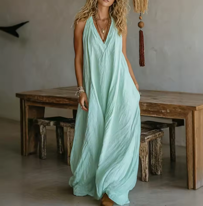 Denissa - Vestido Maxi Bohemio Multicolor con Escote Halter en V